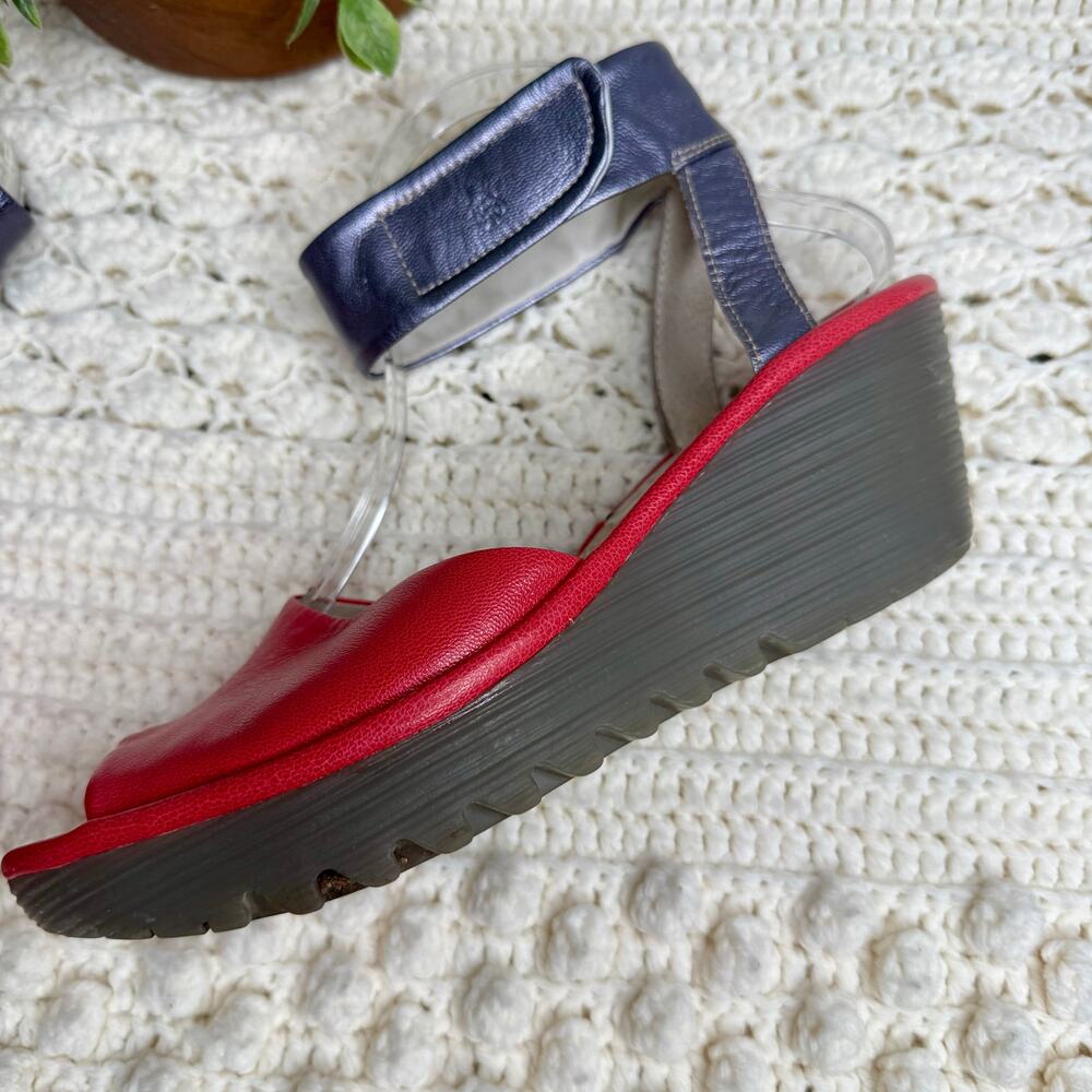 FLY LONDON Women's 40 US 9 YULA Leather Wedge Sandal Red Pewter Ankle Strap - Picture 7 of 16